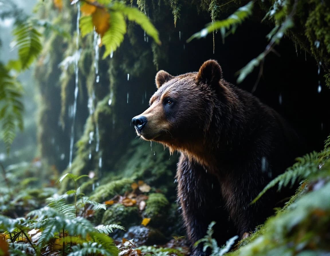 雨上がりの森で洞窟に佇むヒグマのAI画像プロンプト作例