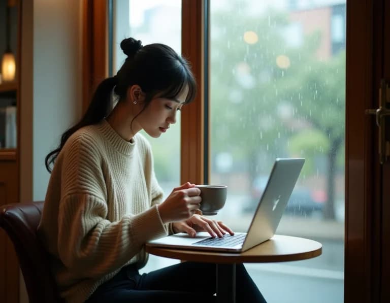 カフェ窓際でPC作業する女性ノマドワーカーのAI画像プロンプト集