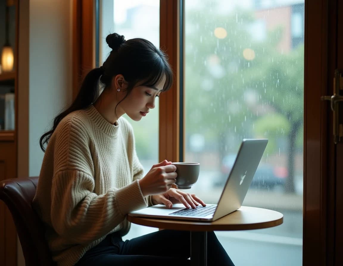 カフェ窓際でPC作業する女性ノマドワーカーのAI画像プロンプト集