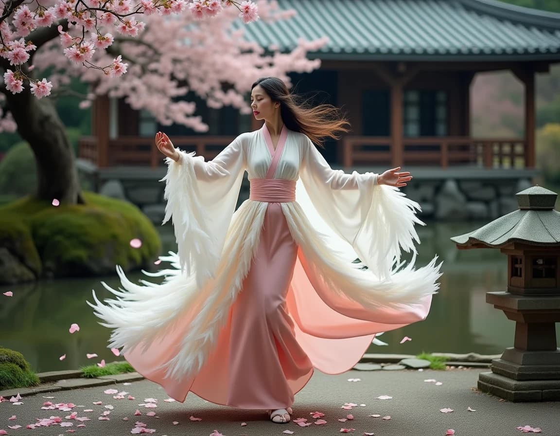 桜舞う日本庭園で舞う天女のAI画像プロンプト作例