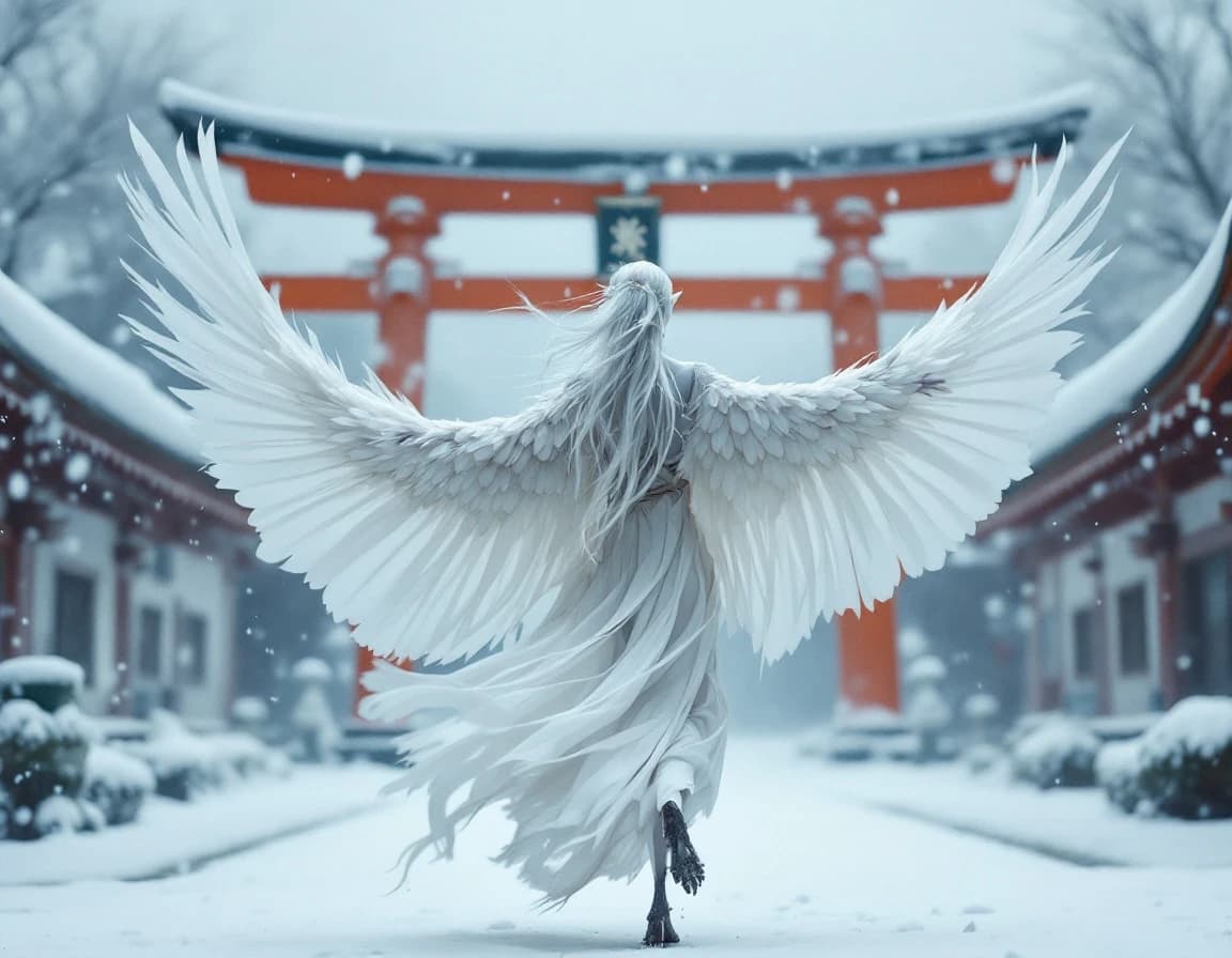 鶴の精霊が舞う雪原のAI画像プロンプト作例【朱色の鳥居】