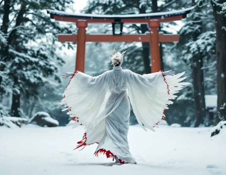雪原に舞う鶴の精霊のAI画像プロンプト作例【朱色の鳥居】