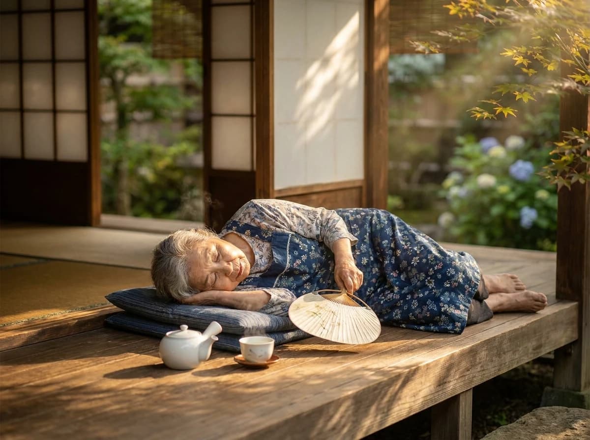 縁側で前掛けのおばあちゃんが昼寝するAI画像プロンプト