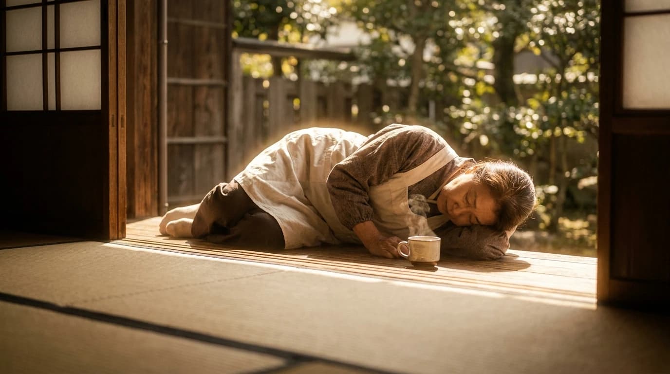 縁側で前掛けのおばあちゃんが昼寝するAI画像プロンプト