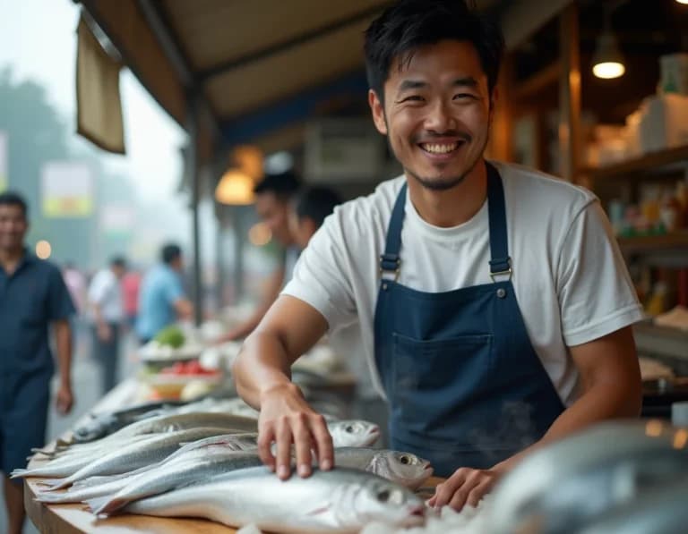 朝市の魚屋で笑う若店主のAI画像プロンプト作例【魚と氷の質感】