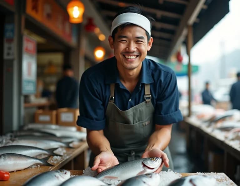 朝市の魚屋で笑う若店主のAI画像プロンプト作例
