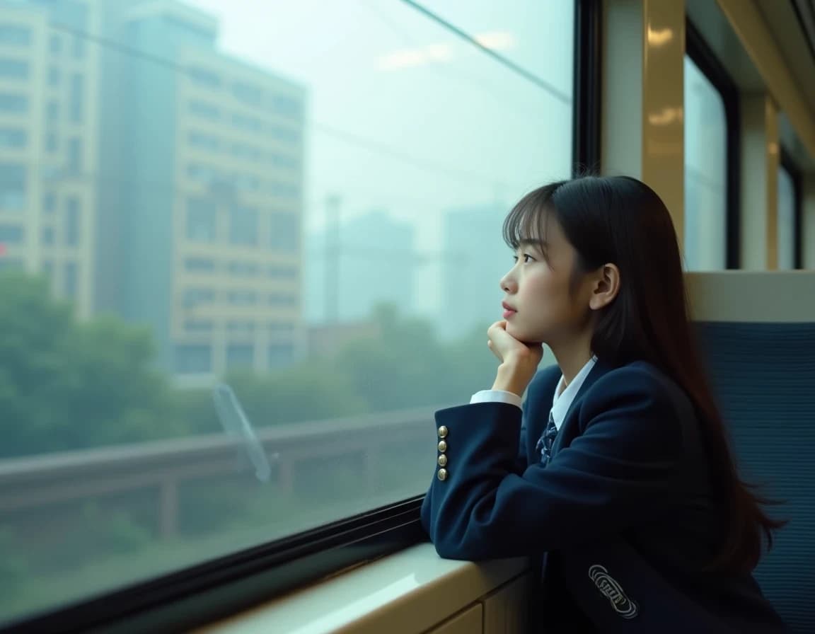 朝の電車で通学する高校生のAI画像プロンプト作例