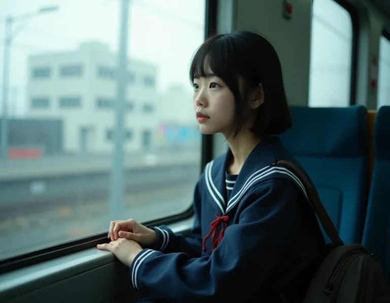 朝の電車の窓辺で通学する高校生のAI画像プロンプト作例