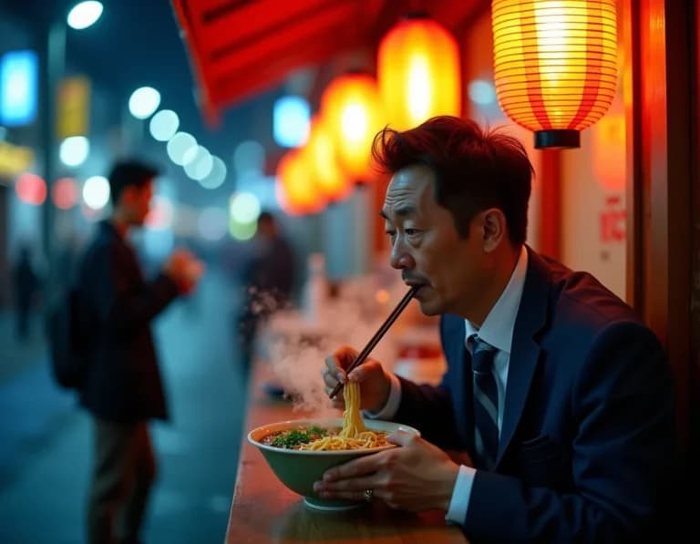 夜の屋台でラーメンを啜るサラリーマンAIプロンプト作例