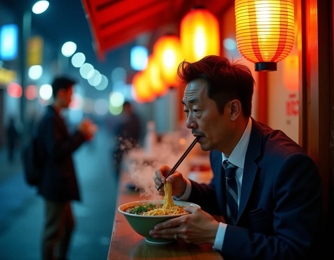 夜の屋台でラーメンを啜るサラリーマンAIプロンプト作例