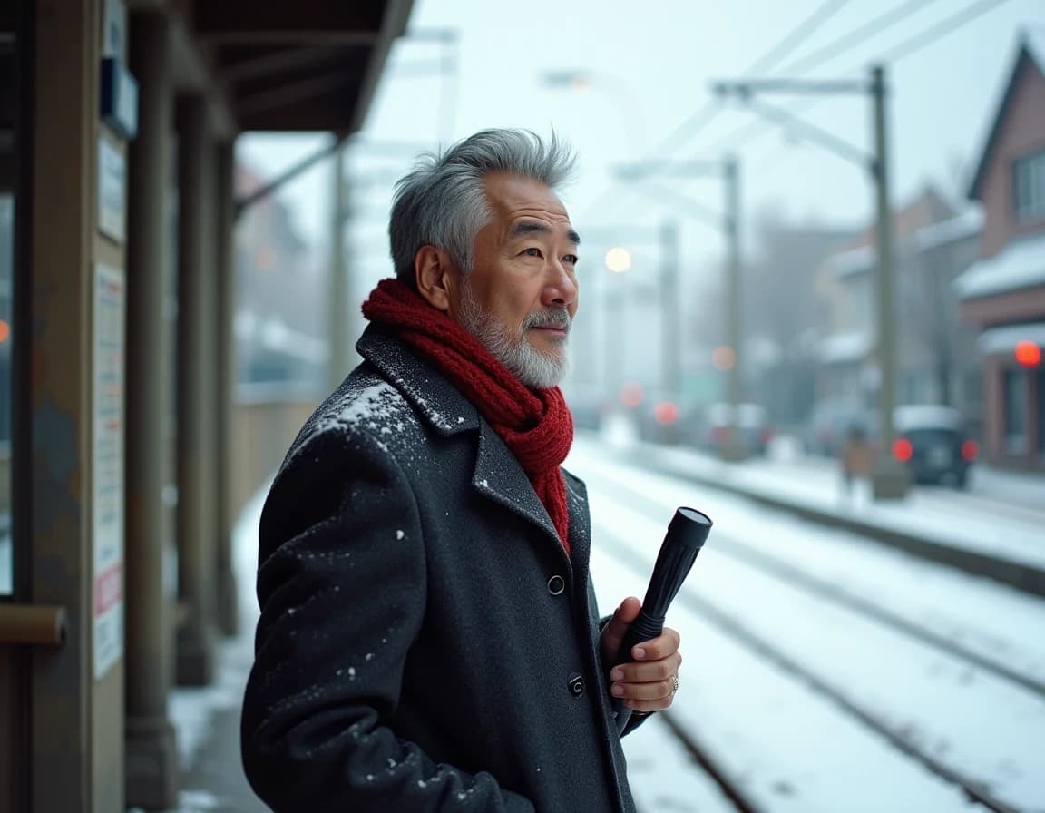 雪の朝に路面電車を待つ会社員のAI画像プロンプト作例