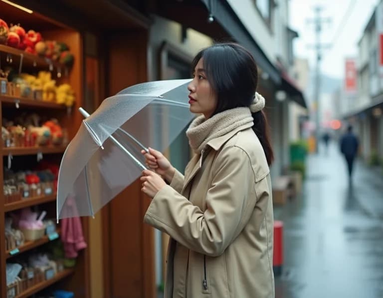 雨の傘屋で傘を選ぶ女性のAI画像プロンプト作例【雫の店先】