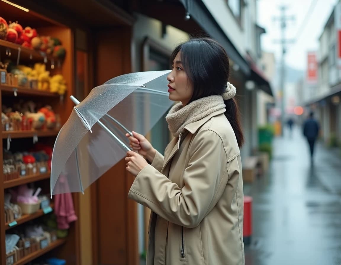 雨の傘屋で傘を選ぶ女性のAI画像プロンプト作例【雫の店先】