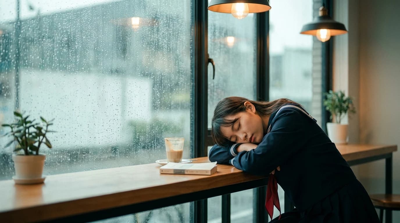 カフェの窓辺で横たわるセーラー服女教師のAI画像プロンプト