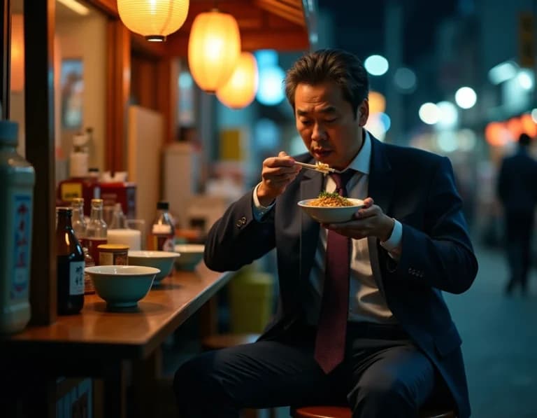 夜の屋台でラーメンを啜るサラリーマンのAI画像プロンプト作例