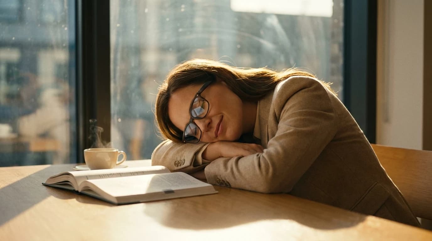 眼鏡の女教師が窓辺で眠るAI画像プロンプト作例