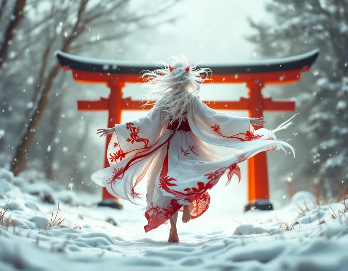 朱色の鳥居と鶴の精霊が舞う雪原のAI画像プロンプト作例