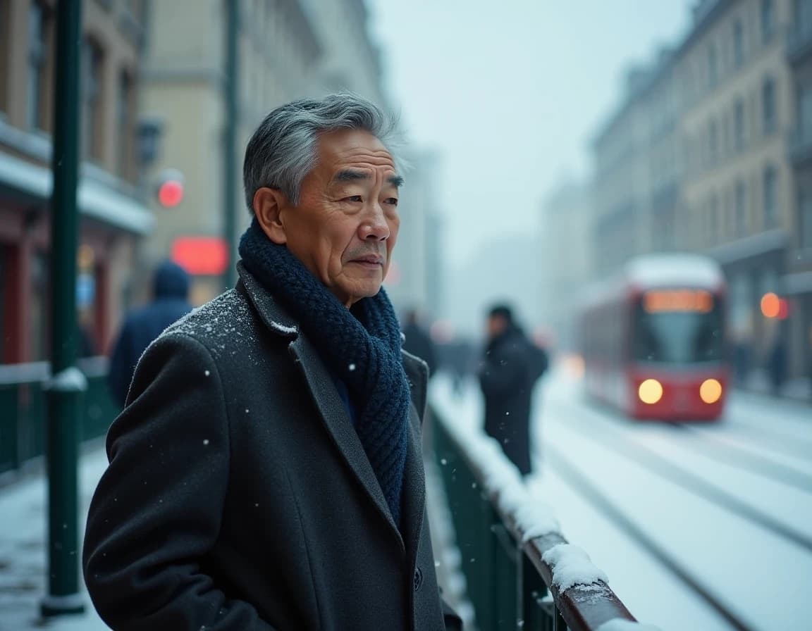 路面電車を待つ会社員をAI生成する雪の朝プロンプト作例【マフラー】