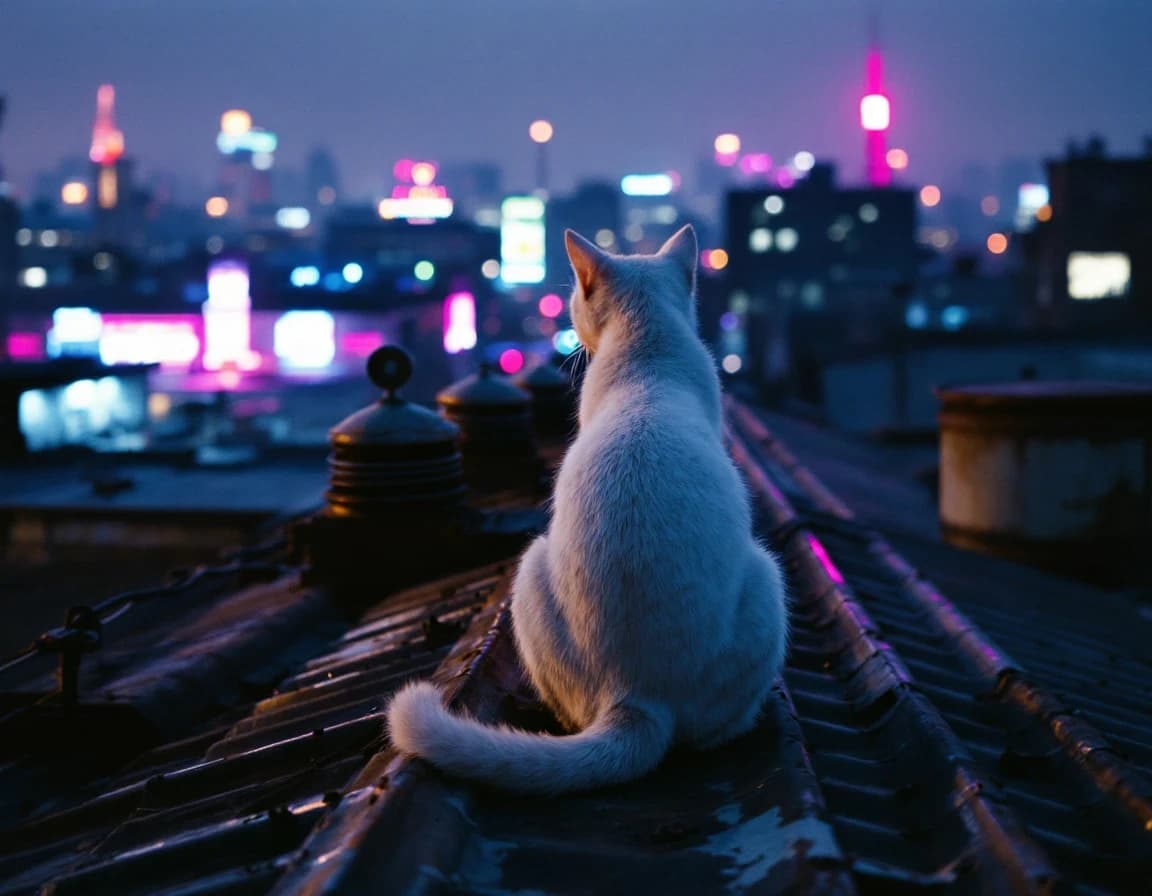 工場屋根に座る白猫のAI画像プロンプト｜夜景ネオン俯瞰