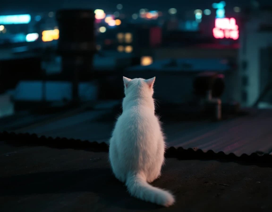 工場屋根に座る白猫のAI画像プロンプト作例【夜景俯瞰】