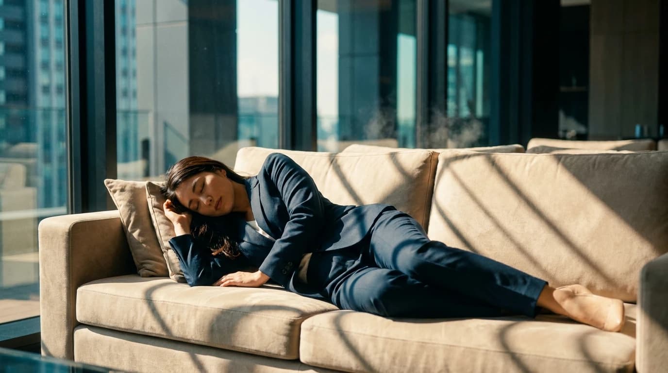 窓辺で眠る受付嬢スーツ女性のAI画像プロンプト作例