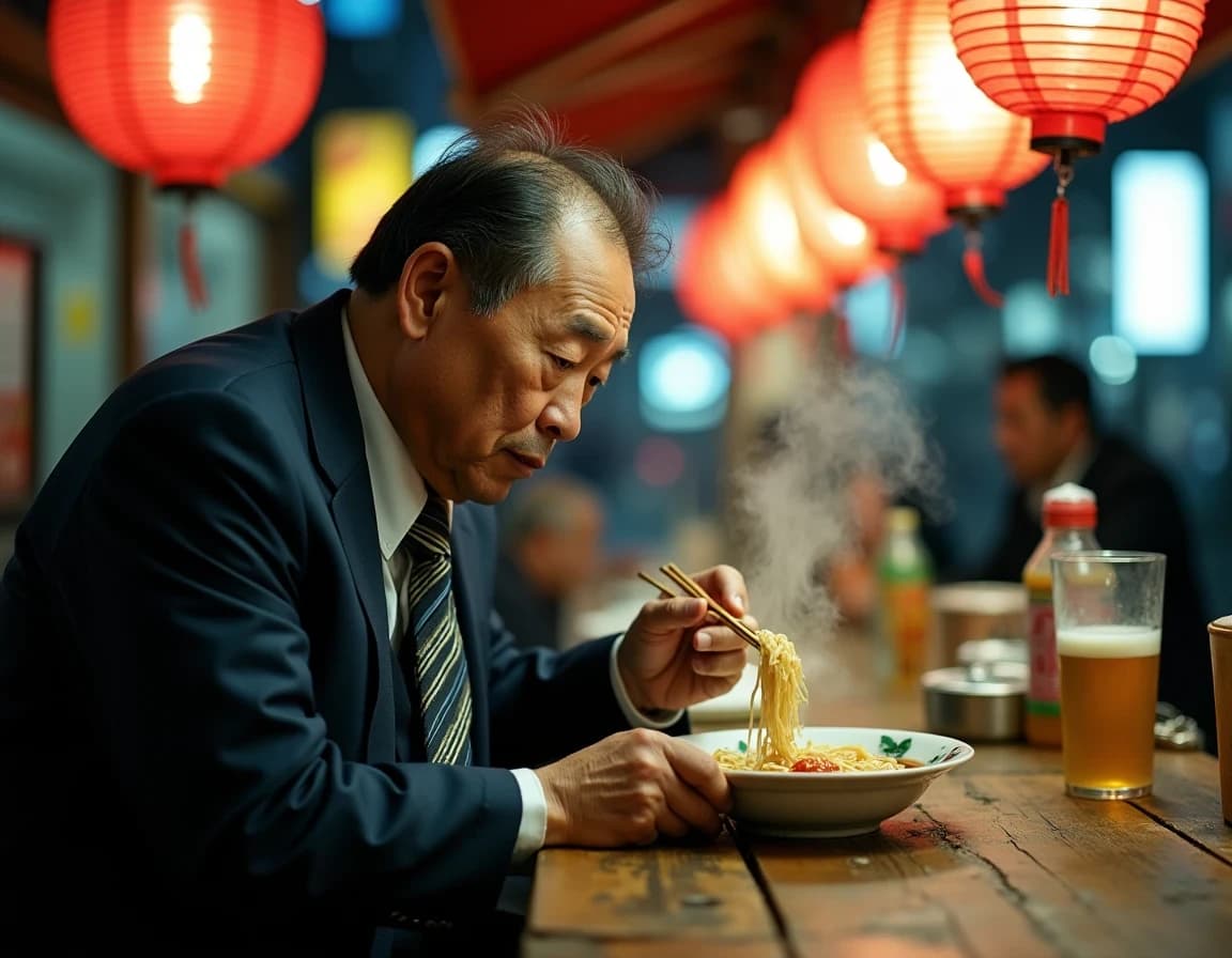 夜の屋台でラーメンを啜るサラリーマンのAI画像プロンプト作例【提灯】