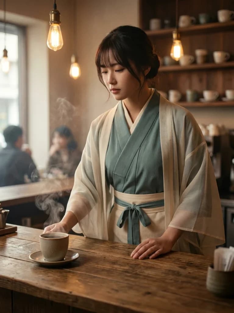 羽衣をまとうカフェ店員のAI画像プロンプト作例