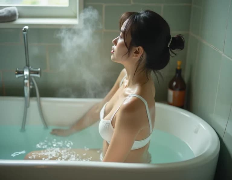 湯気のバスタブから立ち上がる女性のAI画像プロンプト作例