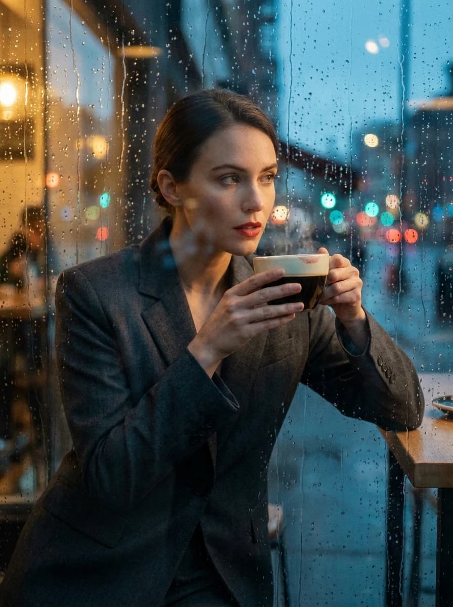 Cafe Window Glass Editorial Portrait Prompt for AI Image Generation