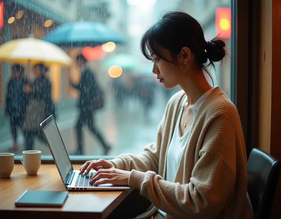 カフェの窓際でノートPCを開くノマドワーカーのAI画像プロンプト作例