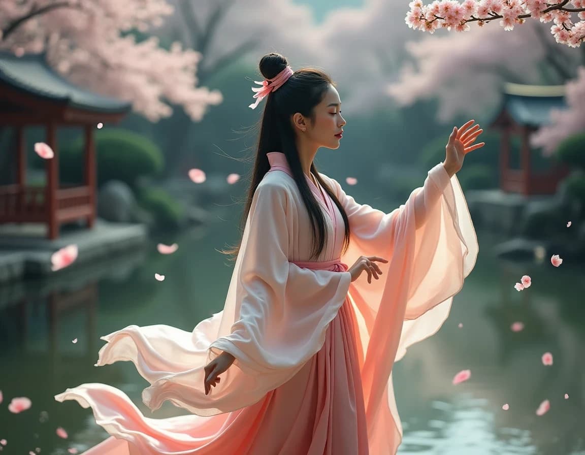桜舞う日本庭園で舞う天女のAI画像プロンプト作例【羽衣】