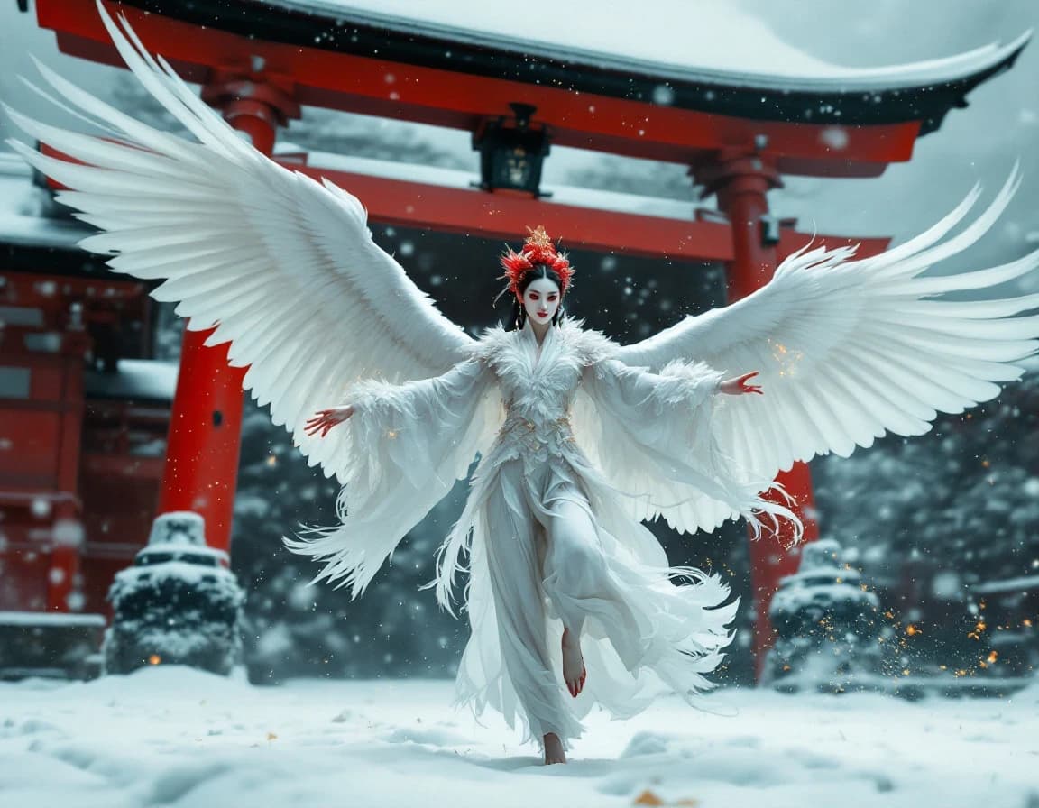 鶴の精霊が舞う雪原のAI画像プロンプト作例【朱色の鳥居】