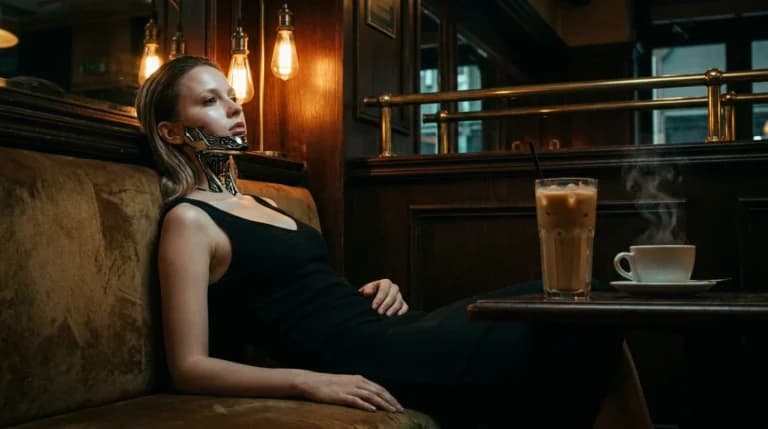 サイボーグ女性がカフェで横たわるAI画像プロンプト