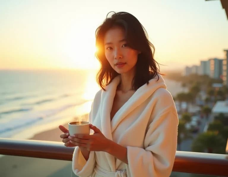 ホテルバルコニーで朝日を浴びるローブ姿の女性AI画像プロンプト作例