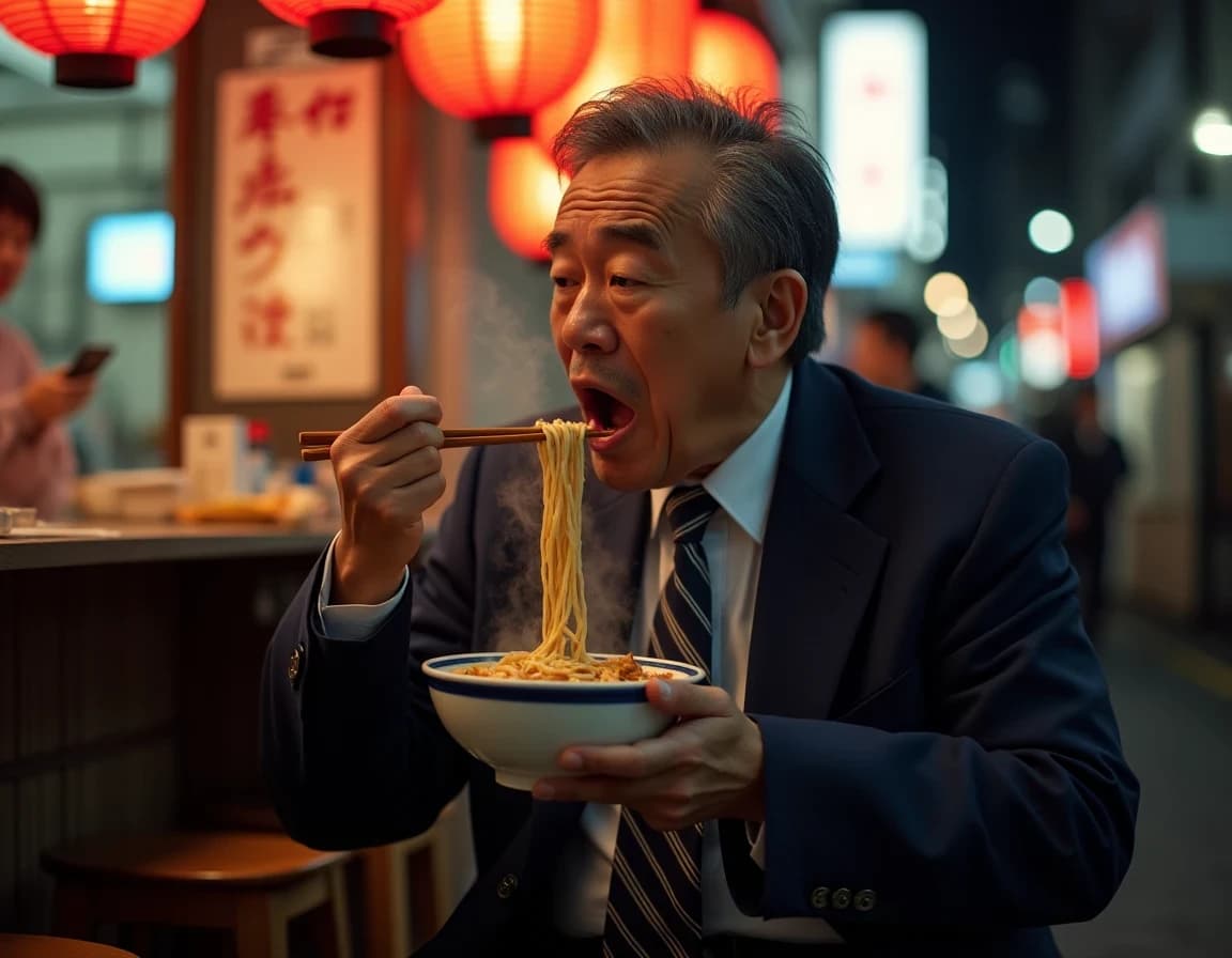夜の屋台でラーメンを啜るサラリーマンのAI画像プロンプト作例