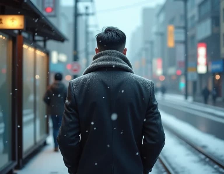 雪の朝に路面電車を待つ会社員のAI画像プロンプト作例