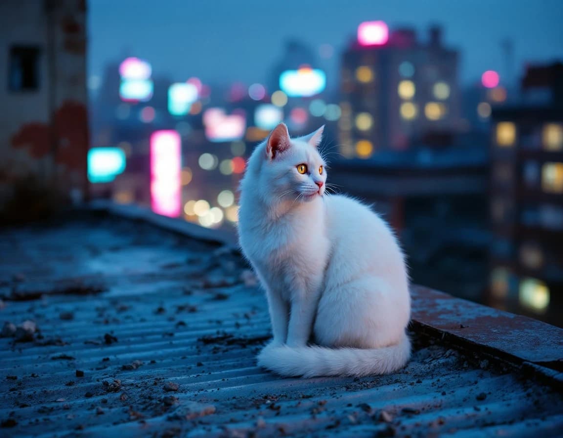 工場屋根に座る白猫のAI画像プロンプト作例【夜のネオン俯瞰】