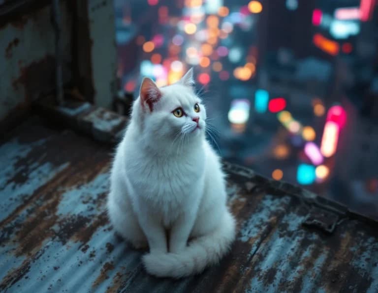 工場屋根に座る白猫のAI画像プロンプト｜夜のネオン俯瞰