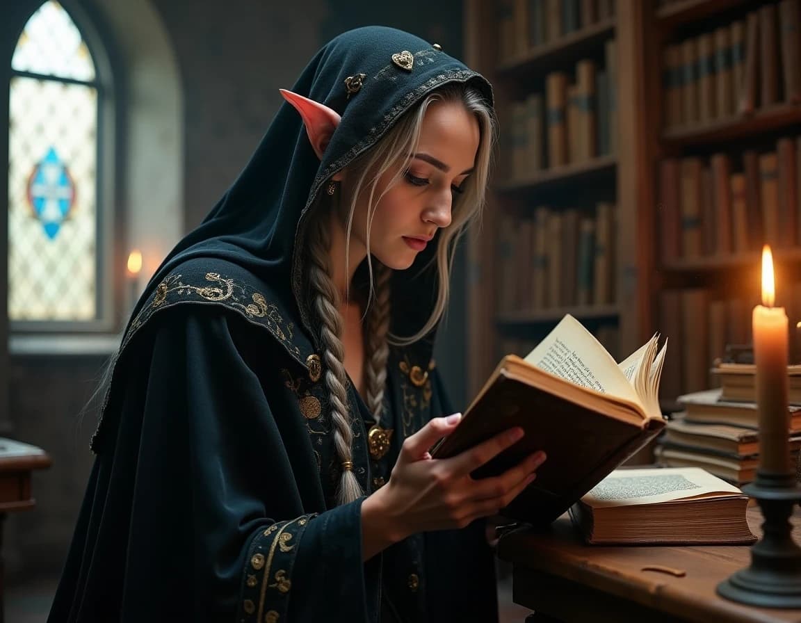 古城の図書室で魔導書を読む魔女のAI画像プロンプト作例