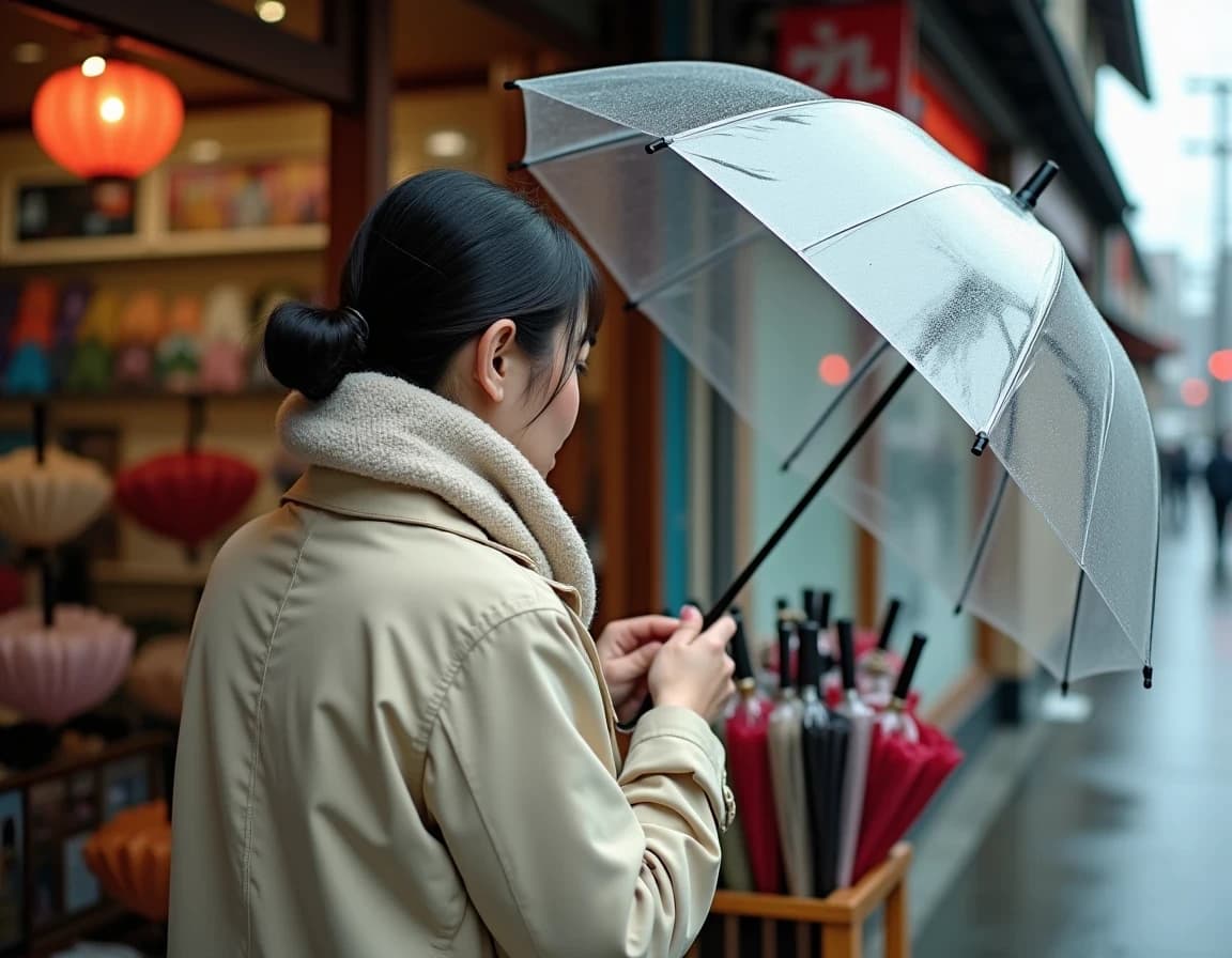 雨の傘屋で傘を選ぶ女性のAI画像プロンプト作例