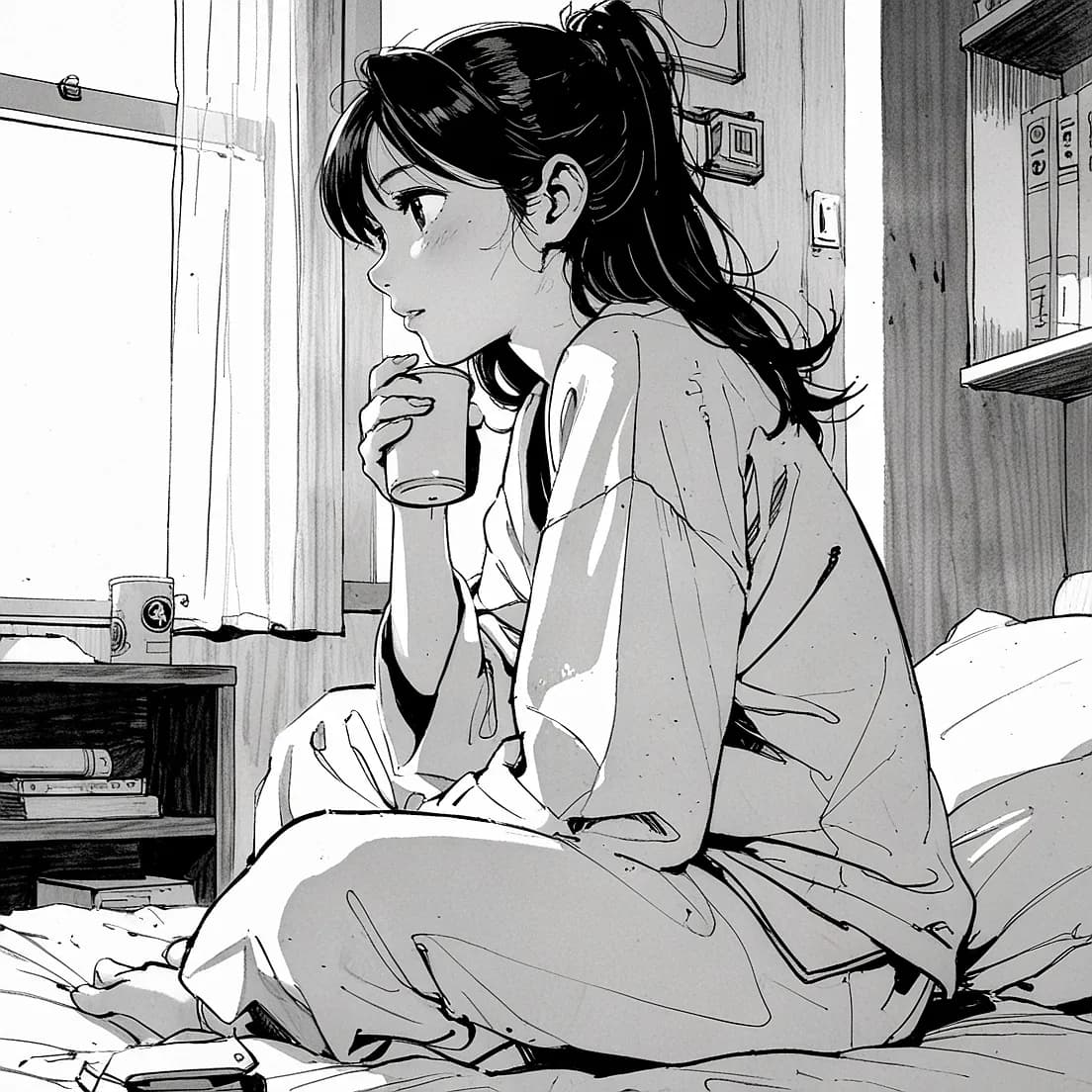 漫画絵のコーヒーを飲む女子大生