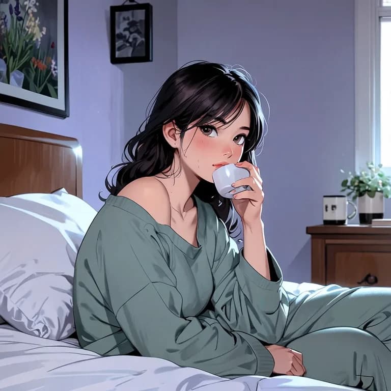 漫画絵のコーヒーを飲む女子大生