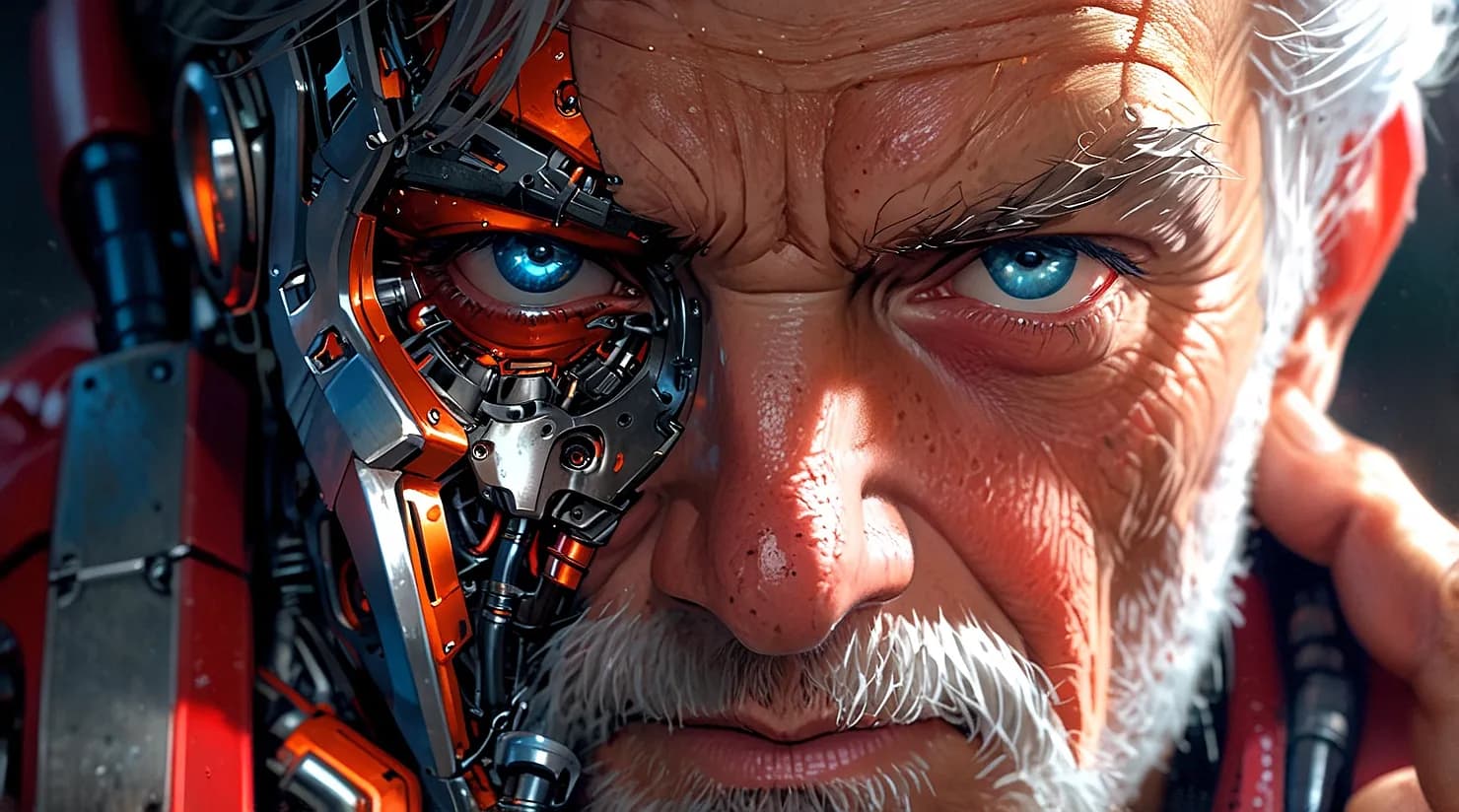 Hombre anciano cyborg con IA: prompt anime semirealista