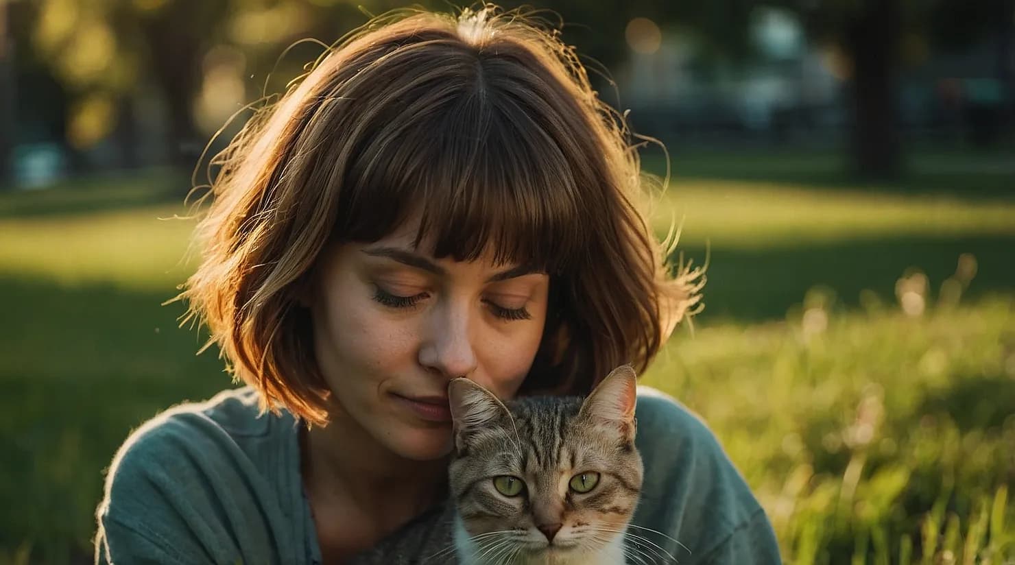 Prompt IA: mujer jugando con un gato al aire libre