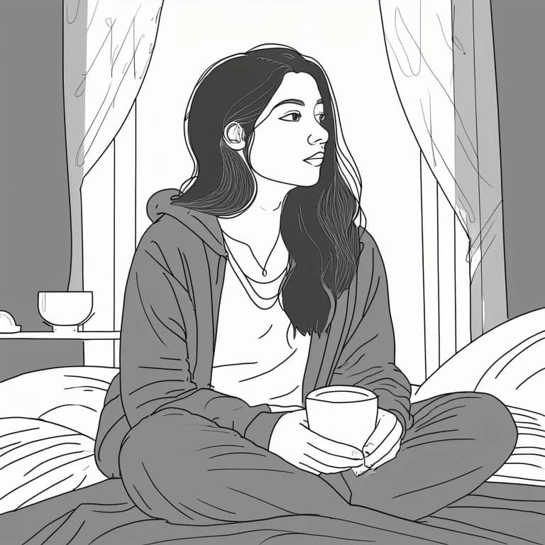 漫画絵のコーヒーを飲む女子大生