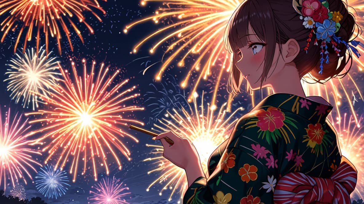 Mujer en kimono con fuegos artificiales: prompt IA