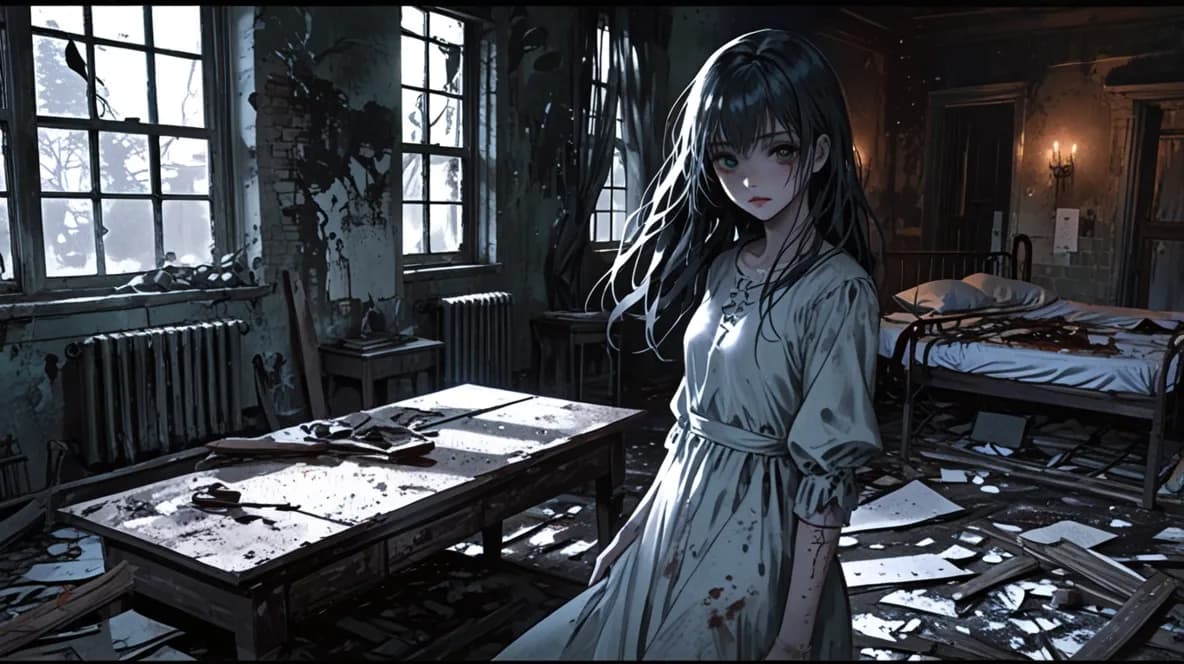 Prompt IA: chica fantasma en ruinas estilo horror