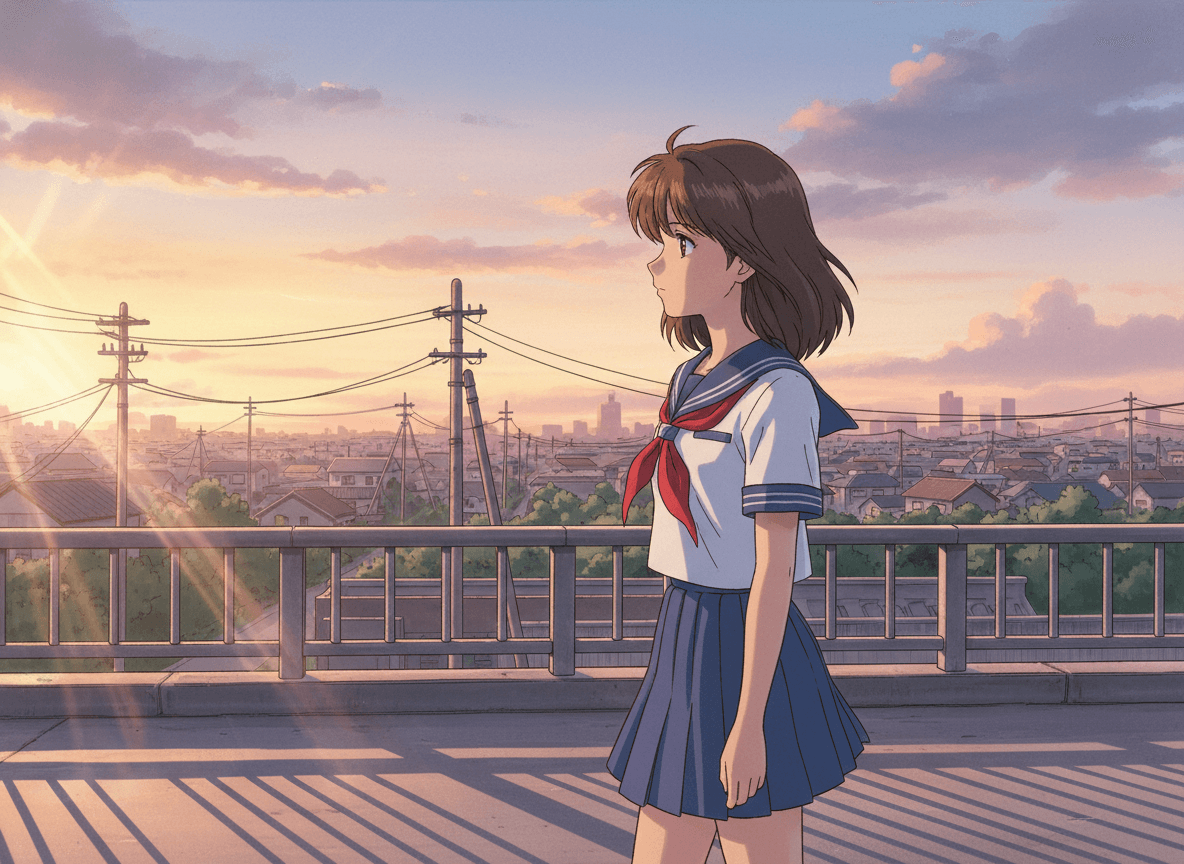 90年代アニメ風夕暮れ帰り道イラストのAIプロンプト作例