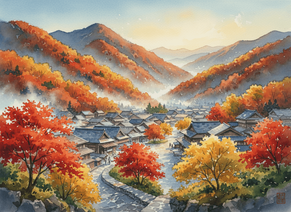 古都の秋景色、朝霧と紅葉の水彩画