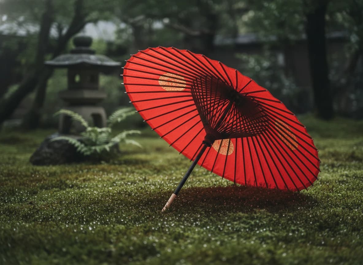 緋色の和傘、苔庭に映える!